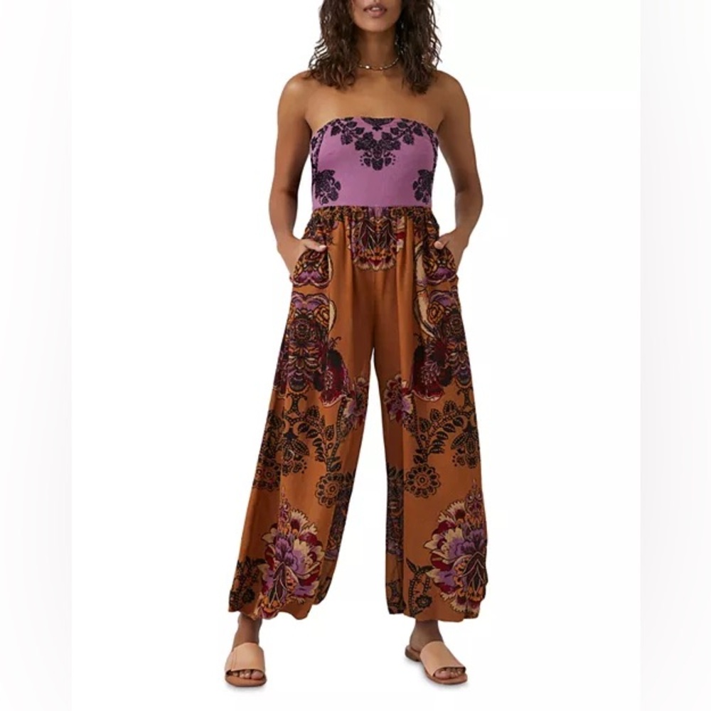 Free People Indio Sun Wide Leg Boho Jumpsuit Golden Combo Medium $168